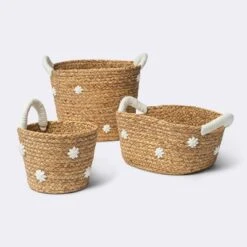 Braided Water Hyacinth With Tufted Embroidery Medium Round Storage Basket - Cloud Island™ -Cloud Island™ GUEST a7bd05cd bca9 4965 97c1 315288e11582